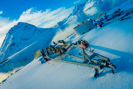 Henningsvaer, Norway - April 04, 2018: Outdoor view of stoned structure over the white snow in...