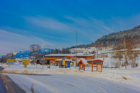 GOL, NORWAR, APRIL, 02, 2018: Beautiful outdoor view of buildings in dowtown covered with snow after snowstorm in GOLのeditorial素材