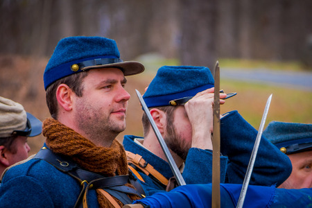 MOORPARK, CA, USA- APRIL 18, 2018: Close up of man, the Blue and Gray Civil War Reenactment in Moorpark, CA is the largest battle reenactment west of the Mississippiのeditorial素材