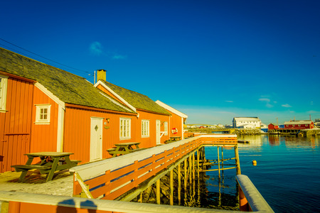 HAMMNOY, LOFOTEN, NORWAY, APRIL, 10, 2018: Outdoor view of fishing hut rorbu at the harbour in Lofoten islandsのeditorial素材