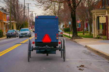 LANCASTER, USA - APRIL, 18, 2018: Outdoor view of the back of old fashioned Amish buggy with a horse...