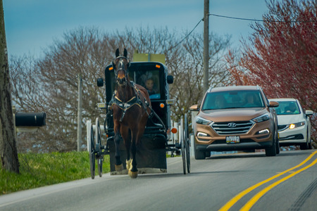 Pennsylvania, USA, APRIL, 18, 2018: Outdoor view of Amish buggy black carriage in the streets with other cars in a roadのeditorial素材