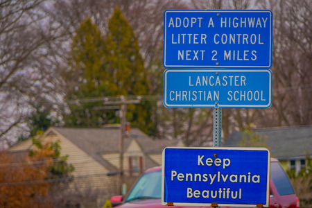 LANCASTER, USA - APRIL, 18, 2018: Close up of informative sign located in the streets of downtown Lancasterのeditorial素材