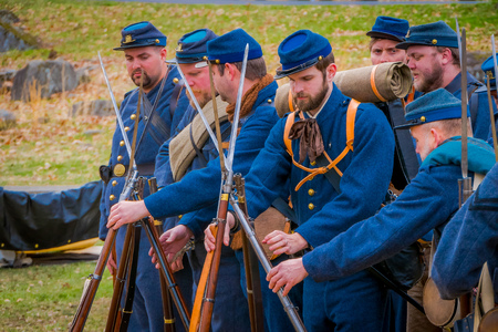 MOORPARK, CA, USA- APRIL 18, 2018: Unidentified people, wearing Blue uniform durin Civil War Reenactment in Moorpark, CA is the largest battle reenactment west of the Mississippiのeditorial素材