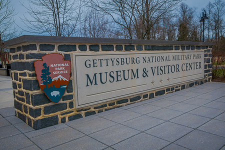 LANCASTER, USA - APRIL, 18, 2018: Outdoor view of informative sign located at the enter of Gettysburg national park museum in downtown Lancasterのeditorial素材