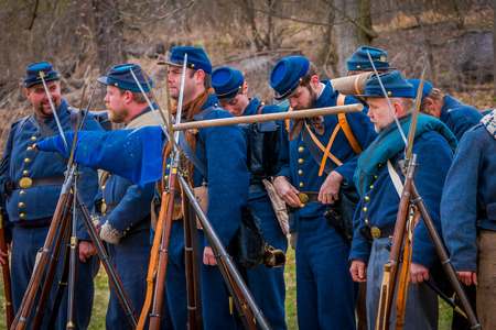 MOORPARK, CA, USA- APRIL 18, 2018: People wearing blue military uniform during Civil War representation Reenactment in Moorpark, is the largest battle reenactment west of the Mississippiのeditorial素材