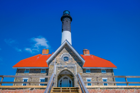 LONG ISLAND, USA, APRIL, 17, 2018: Below outdoor view of Montauk Point Lighthouse, the oldest lighthouse in New York Stateのeditorial素材