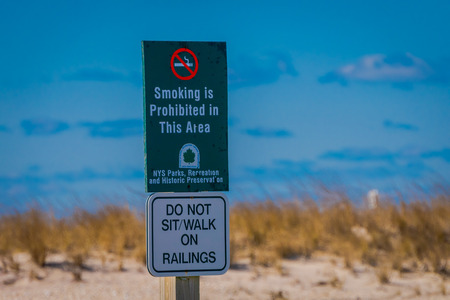 LONG ISLAND, USA, APRIL, 04, 2018: Outdoor view of informative sign located at outdoors of the beach at Long islandのeditorial素材