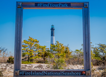 LONG ISLAND, USA, APRIL, 04, 2018: Outdoor view of artificial framework located at outdoors with a Montauk Lighthouse in the frame area at Long islandのeditorial素材