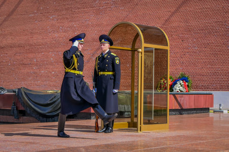 MOSCOW, RUSSIA- APRIL, 24, 2018: Unidentified man in the change of Presidential guard at the Tomb of...