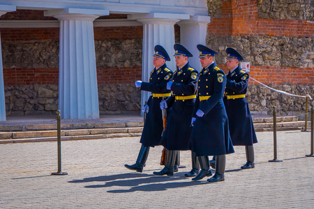 MOSCOW, RUSSIA- APRIL, 24, 2018: Outdoor view of guard of Honor change at the tomb of the Unknown Soldier at the wall of Moscow Kremlin in the Defenders Day celebration Otechestvaon in Moscowのeditorial素材
