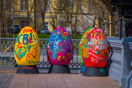 MOSCOW, RUSSIA- APRIL, 24, 2018: Outdoor view of large size decorative Easter egg installed on the Revolution Square during the Moscow Easter festivalのeditorial素材
