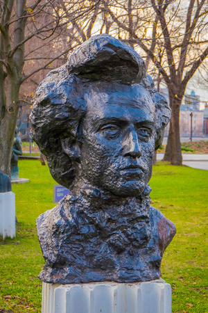 MOSCOW, RUSSIA- APRIL, 24, 2018: View of modern head sculptures in fallen Monument Park also known as Muzeon Park of Arts with relics of the Soviet Union USSRのeditorial素材