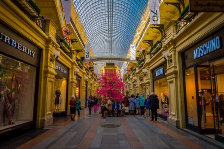 MOSCOW, RUSSIA- APRIL, 24, 2018: Interior and hallways of Gum department store in the Kitai-gorod facing Red Square, the largest and most over-the-top shopping malls in Moscowのeditorial素材