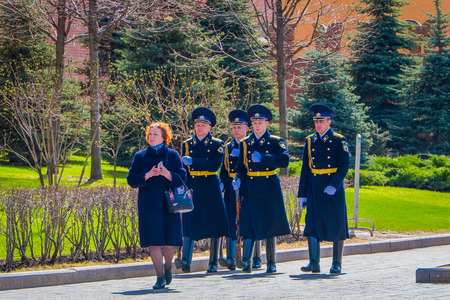 MOSCOW, RUSSIA- APRIL, 24, 2018: Outdoor view of guard of Honor change at the tomb of the Unknown Soldier at the wall of Moscow Kremlin in the Defenders Day celebration Otechestvaon in Moscowのeditorial素材