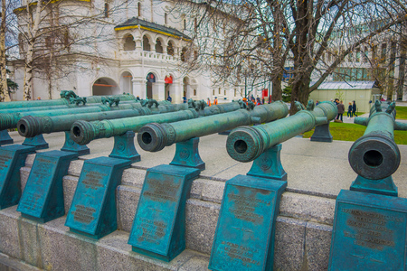 MOSCOW, RUSSIA- APRIL, 24, 2018: Exhibits of old military trunks of ancient cannons. Collection incorporates old Russian and foreign cannons of XVI-XIX centuries shown in the Moscowのeditorial素材