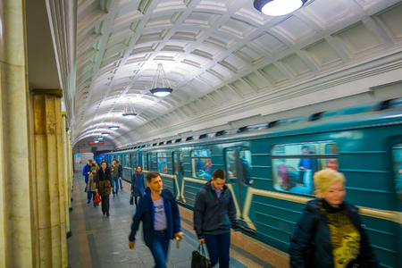 MOSCOW, RUSSIA- APRIL, 24, 2018: Blurred people walking in underground train departs from the Metro Akademicheskaya, Russian subway station vestibule, most Beautiful Subway Stationsのeditorial素材