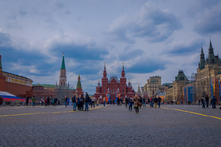 MOSCOW, RUSSIA- APRIL, 24, 2018: Outdoor view of people walking in the red square close to a building of the State Historical Museum in Moscowのeditorial素材