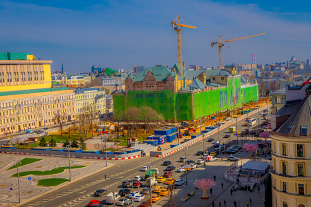 MOSCOW, RUSSIA- APRIL, 24, 2018: Above view of streets with traffic and gorgeous panoramic view of International Business Center in beautiful sunny day in the city of Moscow, urban skylineのeditorial素材