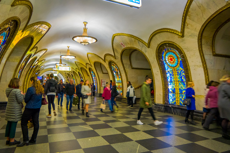 MOSCOW, RUSSIA- APRIL, 29, 2018: Blurred people walking inside of Novoslobodskaya subway station opened in 1952 in Moscowのeditorial素材