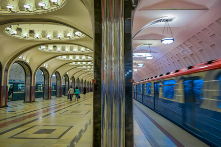 MOSCOW, RUSSIA- APRIL, 29, 2018: Mayakovskaya subway station in Moscow, Russia. A fine example of Stalinist architecture and one of the most famous Metro stations in the world. Opened in 1938のeditorial素材