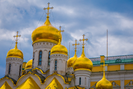 MOSCOW, RUSSIA- APRIL, 24, 2018: Golden dome rooftop of Annunciation Cathedral or Cathedral of the Assumption on the north side of Cathedral Square of Kremlin in Moscowのeditorial素材