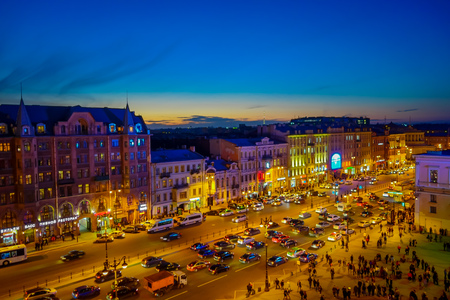ST. PETERSBURG, RUSSIA, 02 MAY 2018: Above view of Nevsky Avenue with unidentified people walking in the streets of the city with a gorgeous sunset in the horizont in Saint-Petersburgのeditorial素材