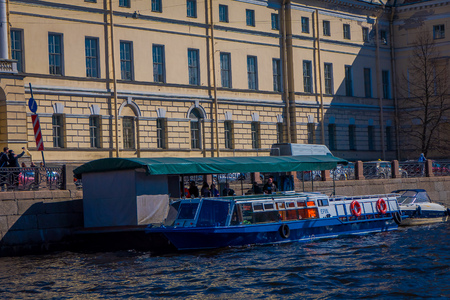 ST. PETERSBURG, RUSSIA, 02 MAY 2018: Outdoor view of tourist in a boat trip along the Moyka River. St. Petersburg was the capital of Russia and attracts many touristsのeditorial素材