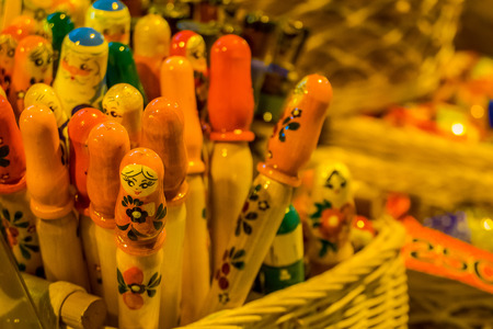 ST. PETERSBURG, RUSSIA, 01 MAY 2018: Close up of Russian wooden souvenirs in form of pen at a market in St. Petersburgのeditorial素材