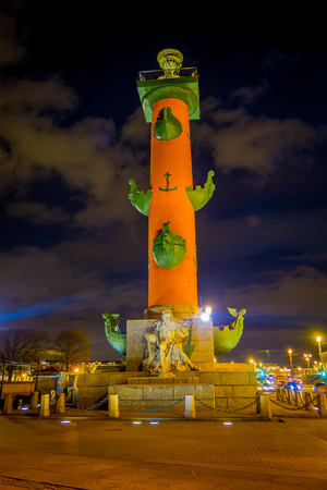 ST. PETERSBURG, RUSSIA, 01 MAY 2018: Beautiful night view of rostral column in historical city center of Saint-Petersburg, popular touristic landmark, UNESCO World Heritage Siteのeditorial素材