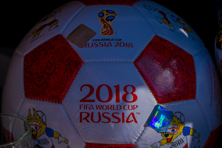 ST. PETERSBURG, RUSSIA, 02 MAY 2018: Close up of selective focus of the official ball of the World Cup 2018 with a picture of the mascot, wolf Zabivaka that will be held in the summer in St. Petersburgのeditorial素材