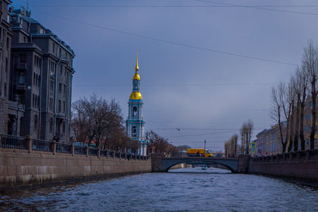 ST. PETERSBURG, RUSSIA, 02 MAY 2018: Outdoor view of the bell tower clock of the St. Nicholas Epiphany Cathedral located in the city of St. Petersburgのeditorial素材