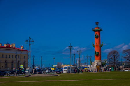ST. PETERSBURG, RUSSIA, 01 MAY 2018: View of rostral columns in historical city center of Saint-Petersburg, popular touristic landmark, UNESCO World Heritage Siteのeditorial素材