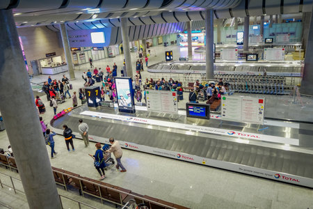 ST. PETERSBURG, RUSSIA, 01 MAY 2018: Above view of unidentified passengers wait for baggage at...