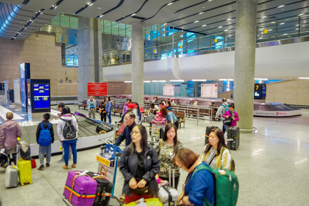 ST. PETERSBURG, RUSSIA, 01 MAY 2018: Unidentified passengers wait for baggage at Pulkovo airport. In 2013 roughly 12.85 mln people travelled there, making it the 3rd busiest airport in Russiaのeditorial素材