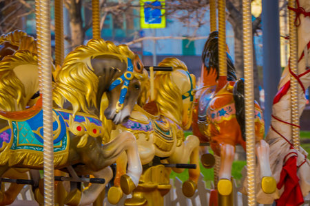 Close up of details of carousel horses located in a park close to Red Square Moscow