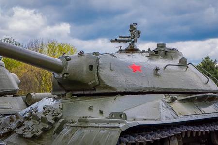 MINSK, BELARUS - MAY 01, 2018: Huge tank, militar vehicle, located at historic cultural complex called Stalin Line fortifications along the western border of the Soviet Union in Minskのeditorial素材