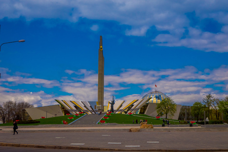 MINSK, BELARUS - MAY 01, 2018: Outdoor view of Stela, Minsk Hero city Obelisk, monument in Victory park symbol of victory and freedomのeditorial素材