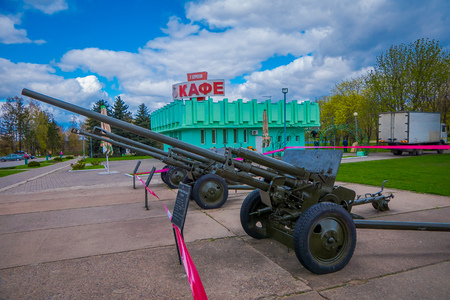 MINSK, BELARUS - MAY 01, 2018: Outdoor view of exhibition of military equipment since World War II near the memorial complex Hill of Glory in Minskのeditorial素材