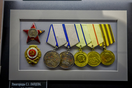 BELARUS, MINSK - MAY 01, 2018: Indoor view of assorted medals inside of belarusian state Museum of the Great Patriotic War, after restoration of many exhibitsのeditorial素材