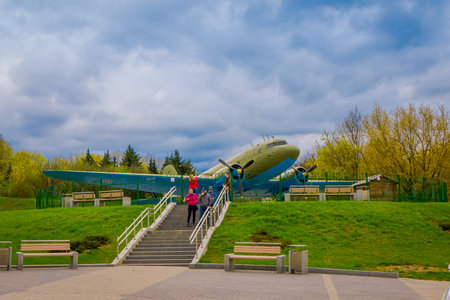 BELARUS, MINSK - MAY 01, 2018: Outdoor view of Soviet russian Yakovlev Yak-9 fighter aircraft In The...
