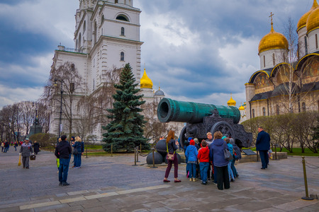 MOSCOW, RUSSIA- APRIL, 29, 2018: Unidentified people close to old military ancient cannons. Collection incorporates old Russian and foreign cannons of XVI-XIX centuries shown in the Moscow Kremlinのeditorial素材