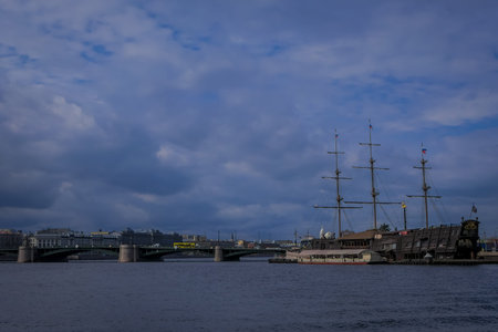 ST. PETERSBURG, RUSSIA, 17 MAY 2018: Old frigate Letuchiy Gollandets: The Galleon ship containing...