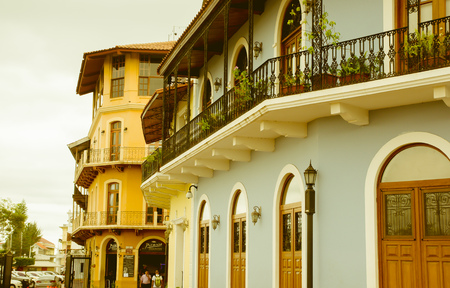PANAMA CITY, PANAMA - APRIL 20, 2018: Beautiful Spanish colonial house with wrought iron and plants, Casco Viejo during a gorgeos cloudy day located in the cityのeditorial素材