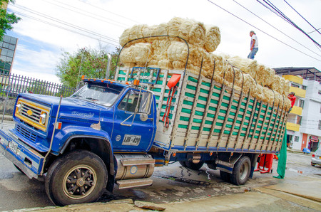 POPAYAN, COLOMBIA - FEBRUARY 06, 2018: Outdoor view of people over trailer that transports hay straw bales located in the city of Popayanのeditorial素材