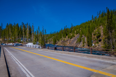 Road from Yellowstone National Park to Grand Teton National Park, Wyomingの写真素材