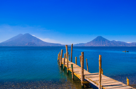 Landscape of the Atitlan Lake with a pier used by fishermen close to Panajachelの写真素材