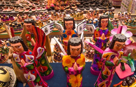 Ciudad de Guatemala, Guatemala, April, 25, 2018: Close up of traditional wooden handicrafts made by Maya people in Antiguaのeditorial素材