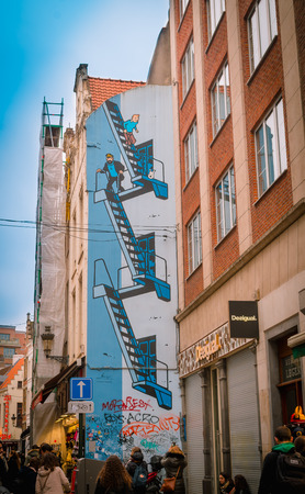 Brussels, Belgium, May, 31, 2018: Wall painting of Tintin and Captain Haddock in its country of creationのeditorial素材