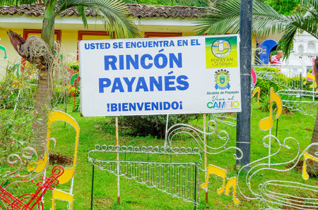 POPAYAN, COLOMBIA - FEBRUARY 06, 2018: Informative sign at the garden of El Rincon Payan, also called Patojo town, which has small copies of the most representative monuments of the capital of Caucaのeditorial素材